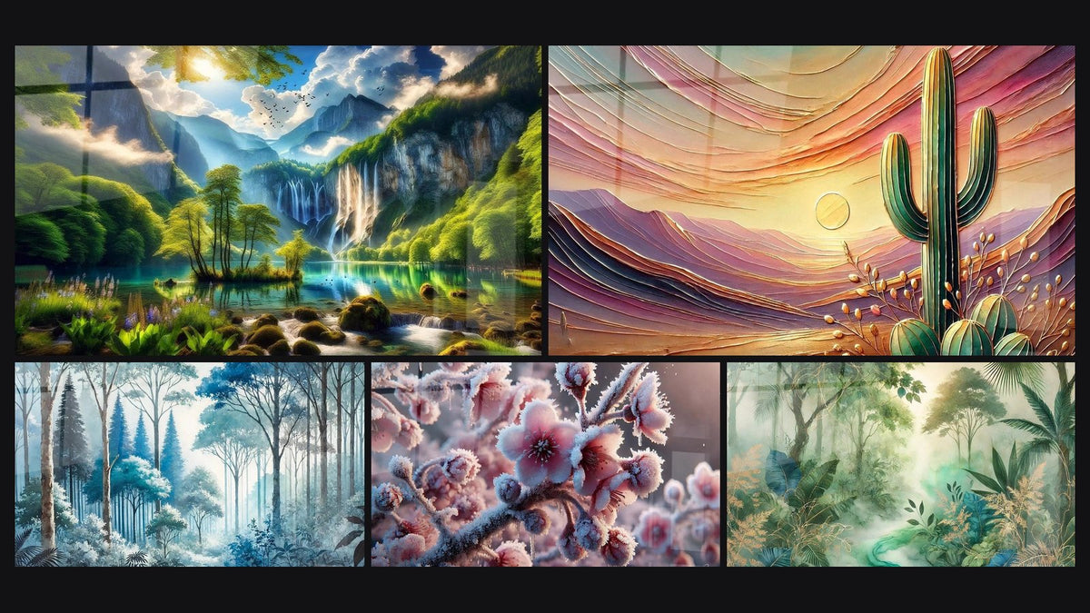 Mosaïque de cinq tableaux, dont Éden Vert aux Mille Cascades, Forêt Silencieuse et Crépuscule du Désert