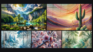 Mosaico de cinco cuadros, entre ellos Edén Verde con Mil Cascadas, Bosque Silencioso y Crepúsculo del Desierto
