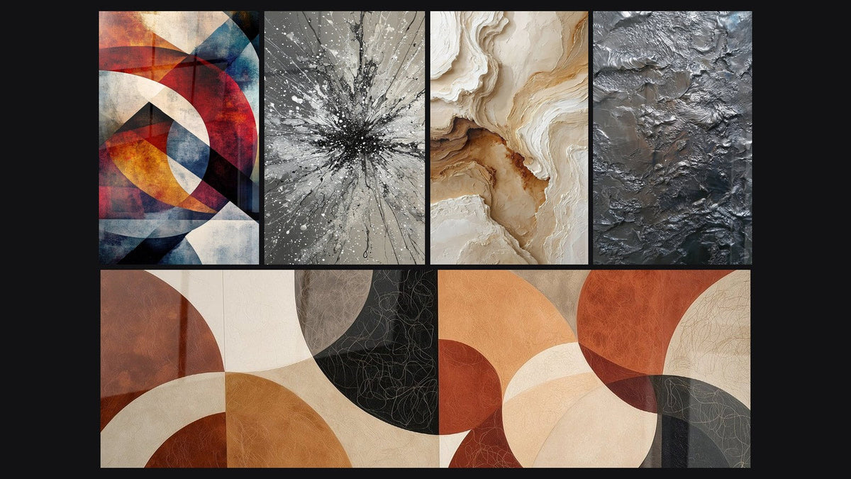 Mosaico di cinque quadri, tra cui Forme geometriche circolari di e Astratto Texture Beige e Ocra
