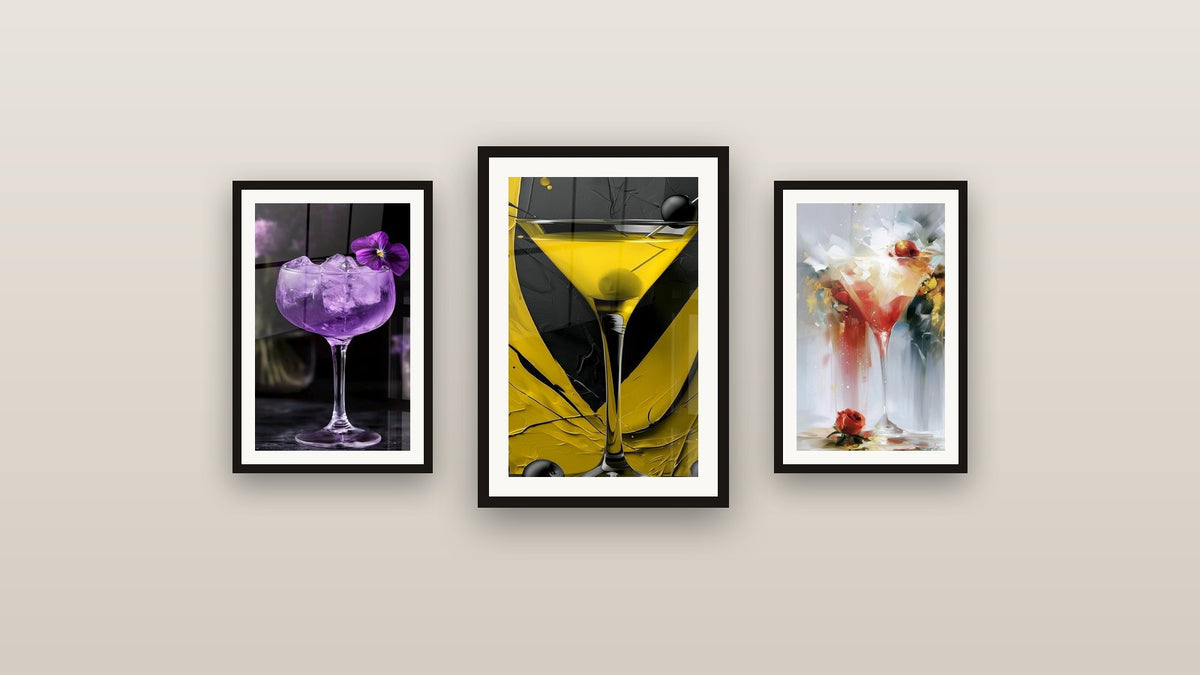 Gallery wall with three framed paintings, including Red and Gold Martini Glass Floral