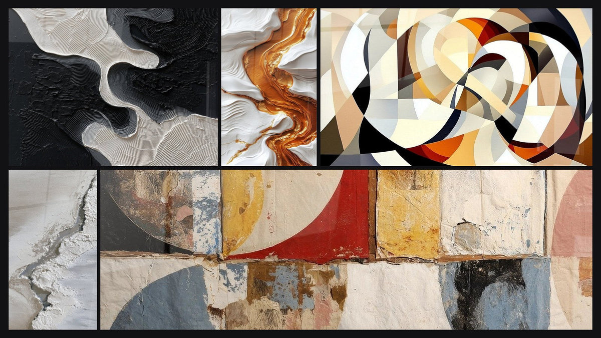 Mosaic of five paintings, including Interlocking circular shapes and Abstract Geometric Shapes