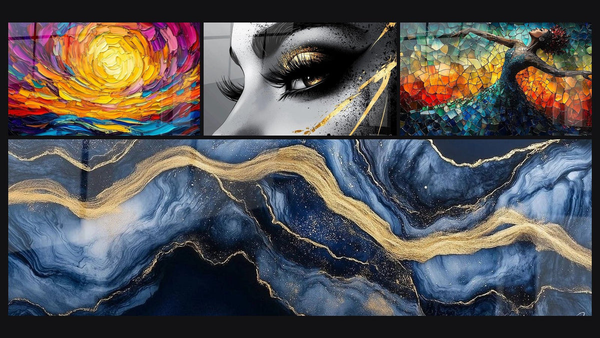 Mosaïque de quatre tableaux, dont Soleil couchant spirale, Œil larme d'or et Danse Feu Libératrice Rouge