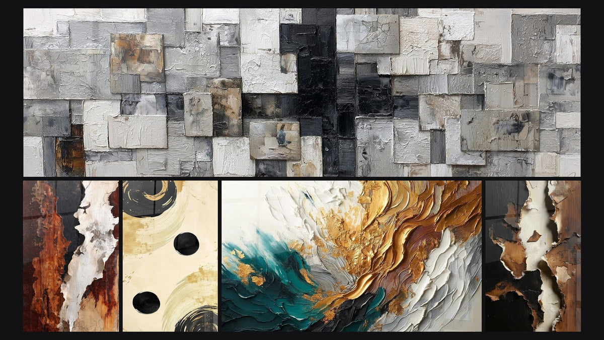 Mosaik aus fünf Gemälden, darunter Gleichgewicht Sphäre Schwarz und Trace in Gold und Jade