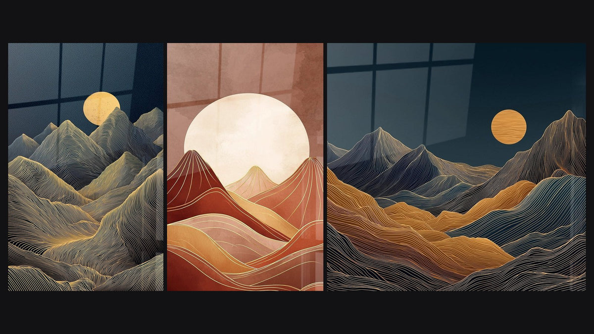 Mosaic of three paintings, including Mountain Landscape and Mountain Art Deco
