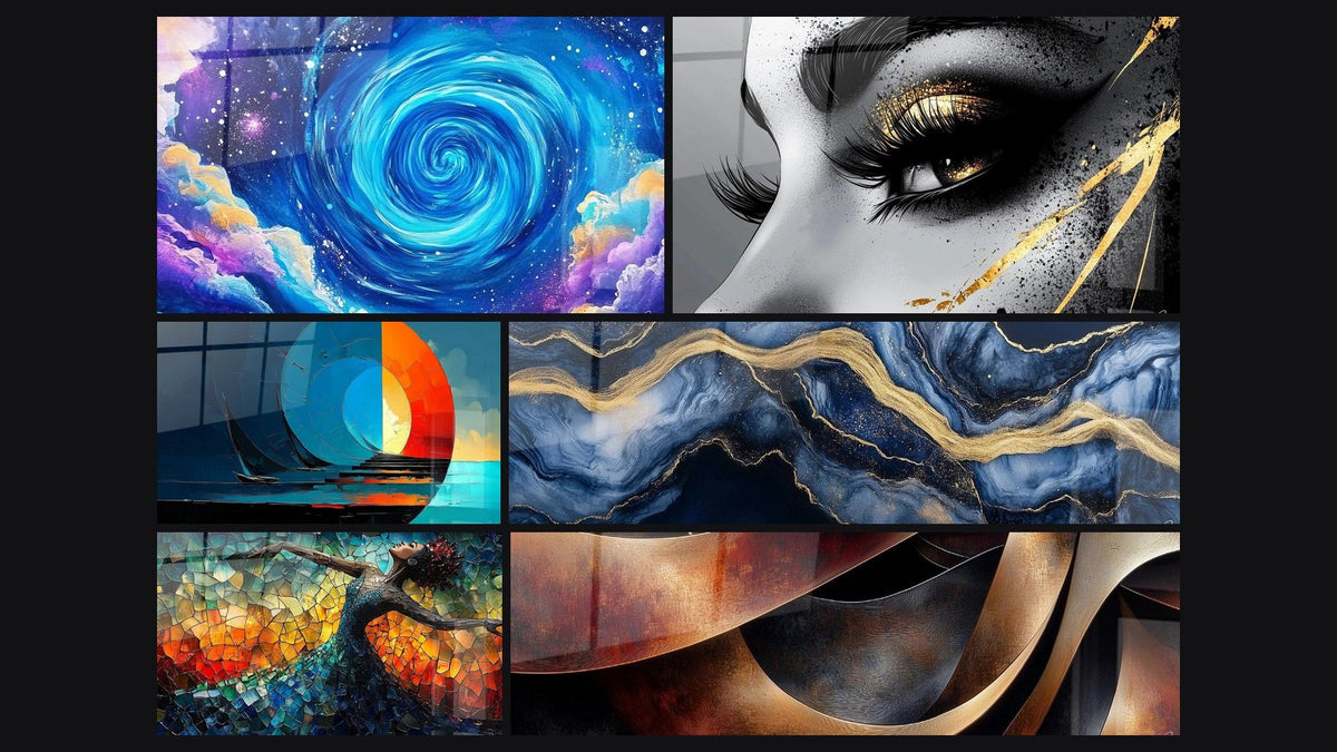 Mosaïque de six tableaux, dont Spirale cosmique bleue, Bateau voilier au coucher du soleil et Œil larme d'or