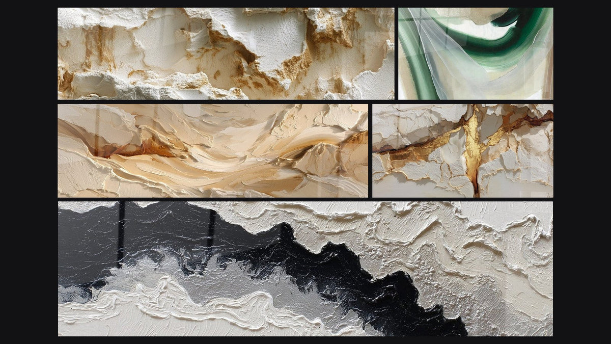 Mosaic of five paintings, including Eroded White Texture with Sculpted Reliefs and Emerald Silk