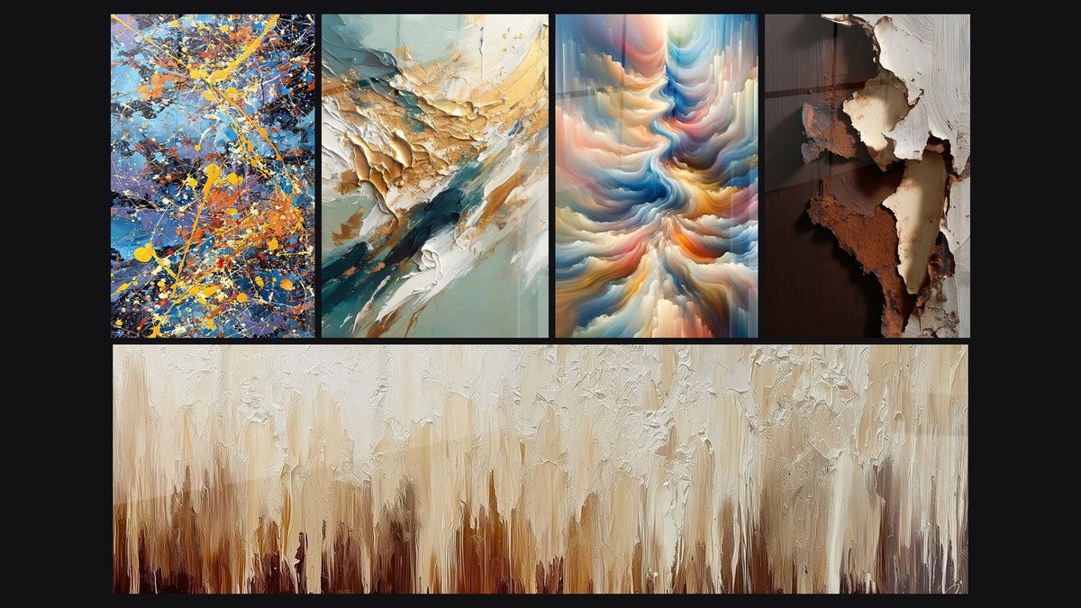 Mosaic of five paintings, including Colorful explosion, Golden Flux and Reflux and Resonance of Celestial Hues