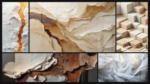Mozaïek van vijf schilderijen, waaronder Abstract Beige en Aardekleur, Zeilen van Licht en Minimalistisch Gesculpteerd