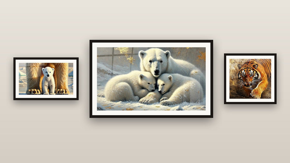 Mur de galerie avec trois tableaux encadrés : Cocon Polaire, Tigre Regard de braise et Ourson blanc entre pattes dorées