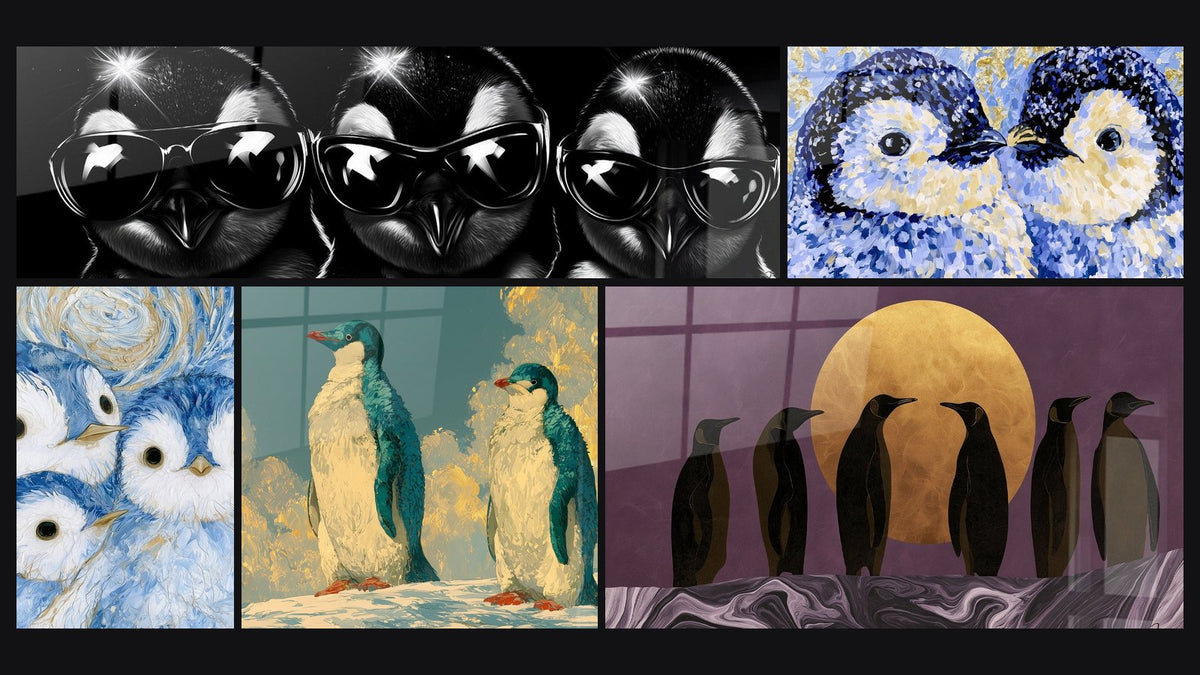 Mosaik aus fünf Gemälden, darunter Triptychon Schwarze Sonnenbrille Pinguine und Schwarze Pinguine vor goldenem Mond