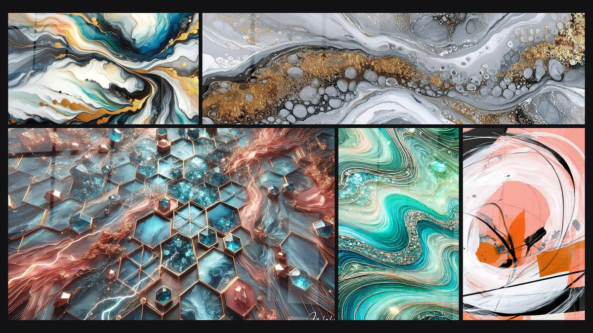 Mosaik aus fünf Gemälden, darunter Farbige Strömungen, Tafel Glanzpunkte-Netzwerk und Kristalline Wellen