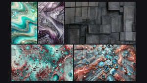 Mosaic of five paintings, including Crystalline Waves, Garnet Essence and Quartz Blades