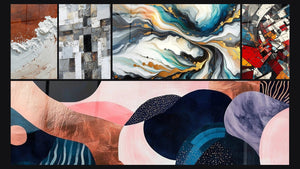 Mozaïek van vijf schilderijen, waaronder Abstract Aarde en Wit Dikke Textuur, Symbiose Golvend Koraal en Gekleurde Stromen