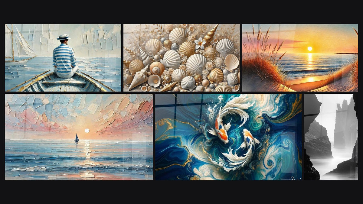 Mosaic of six paintings, including The Art of Water, Jewels of the Sands and When the Day Falls Asleep