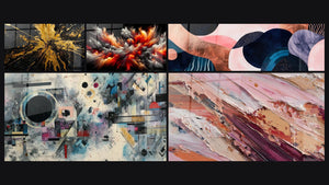 Mozaïek van vijf schilderijen, waaronder Abyssische Zonnestorm, Symbiose Golvend Koraal en Abstract geometrische compositie
