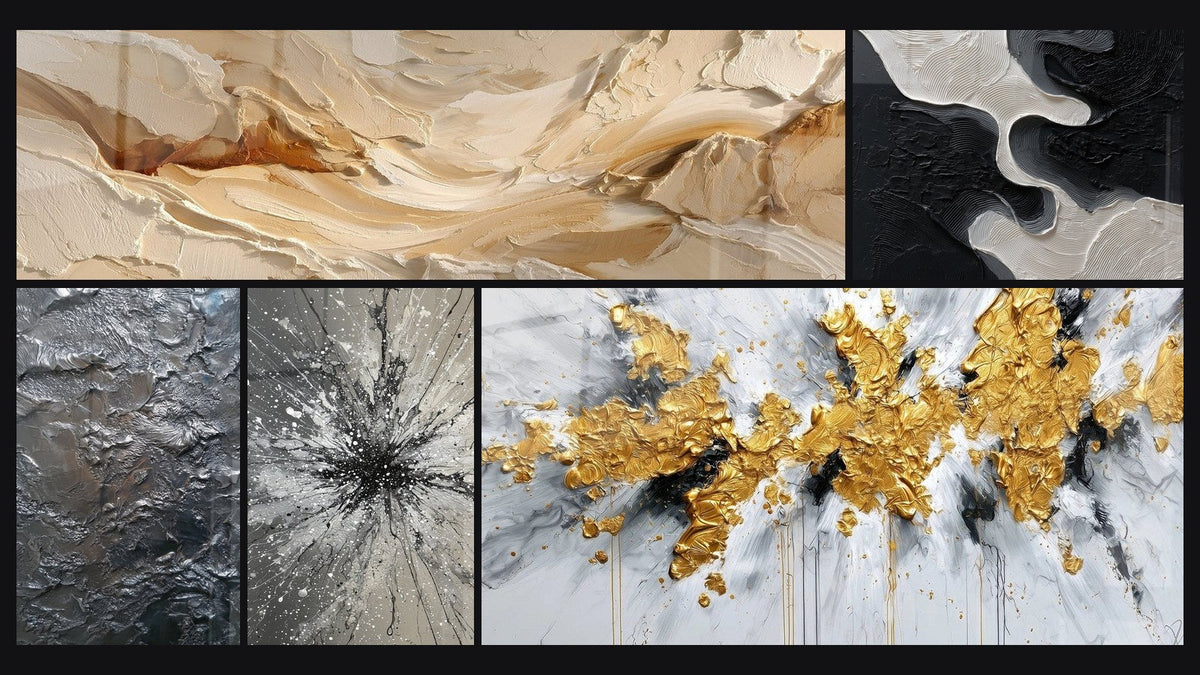 Mosaico de cinco cuadros, entre ellos Explosión dorada sobre fondo blanco y gris