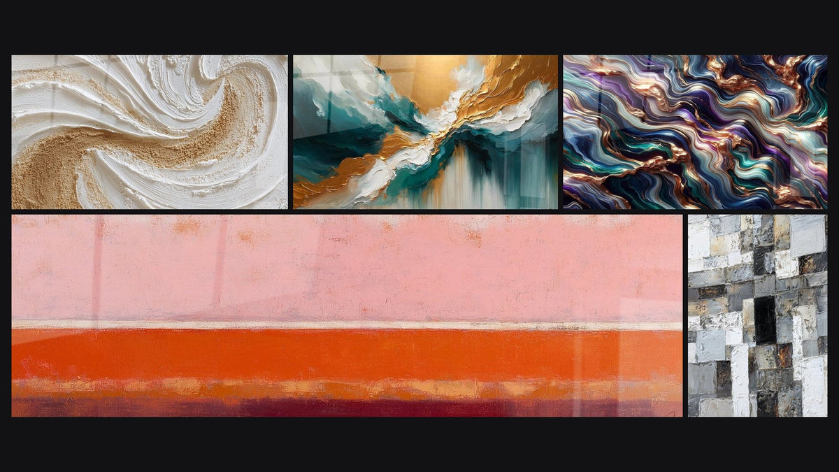 Mosaïque de cinq tableaux, dont Mosaïque Abstraite Gris et Blanc, Lumière des Abysses et Sérénade Minérale