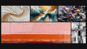 Mosaico de cinco cuadros, entre ellos Abstracto horizontal rosa coral y burdeos y Mosaico Abstracto Gris y Blanco