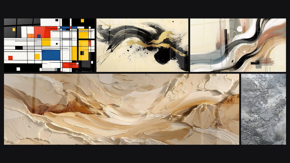 Mosaïque de cinq tableaux, dont Composition géométrique colorée, Élan Passionné Noir et Sillage Abstrait