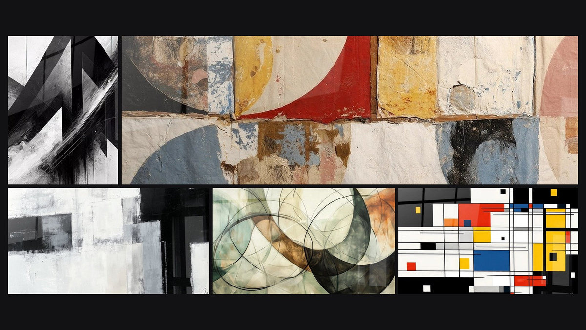 Mosaico di cinque quadri, tra cui Traiettorie Fratturate, I Legami Invisibili e Composizione geometrica colorata di