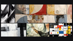 Mozaïek van vijf schilderijen, waaronder Gebroken Trajecten, Onzichtbare Banden en Geometrisch gekleurde compositie