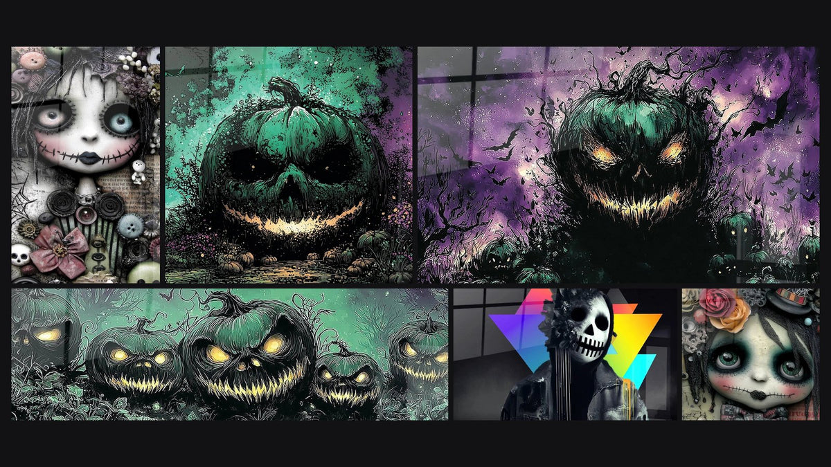 Mosaico de seis cuadros, entre ellos Muñeca Recuerdos Embrujados y Calabaza Grimace Sombría
