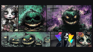 Mosaico de seis cuadros, entre ellos Muñeca Recuerdos Embrujados y Calabaza Grimace Sombría