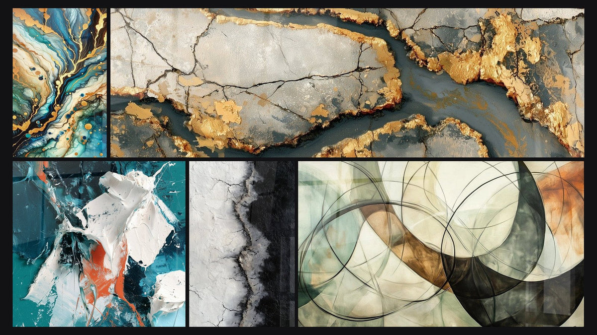 Mosaic of five paintings, including Mineral Labyrinth, White Shimmer and Teal in Relief and The Invisible Bonds