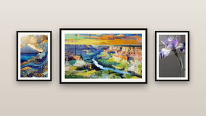 Gallery wall with three framed paintings, including Colorful Canyon and Iris Wall Art No. 9