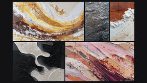 Mosaico de cinco cuadros, entre ellos Abstracto en tonos rosas y tierra y Abstracta Tierra y Blanco Material Grueso