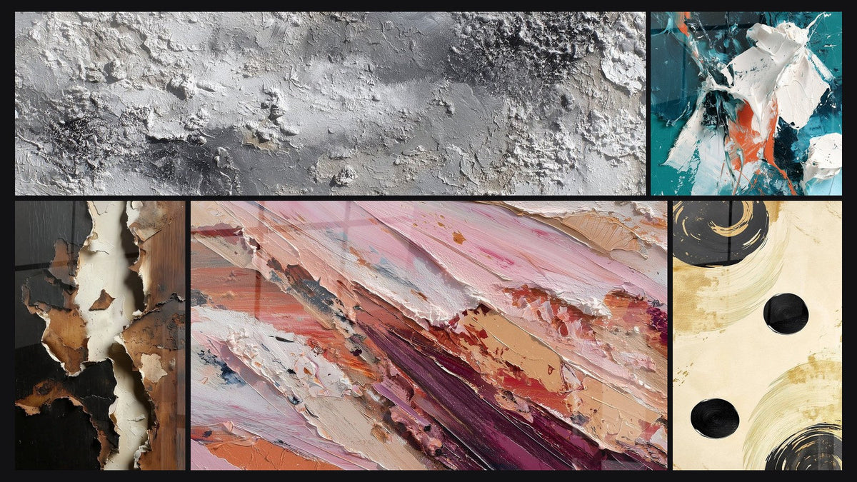 Mosaic of five paintings, including Gray and Silvered Mineral Abstract Texture and White Shimmer and Teal in Relief