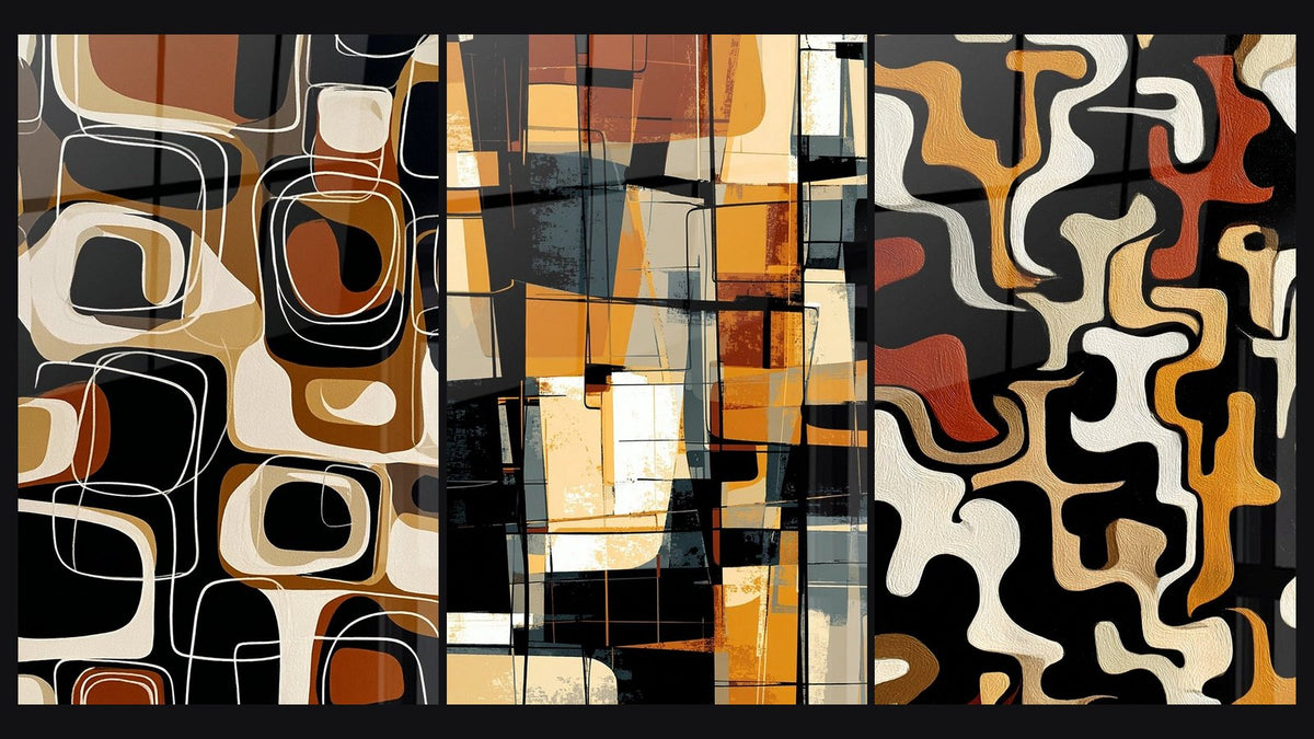 Mosaico de tres cuadros: Motivos Orgánicos, Abstracto geométrico y Formas Orgánicas