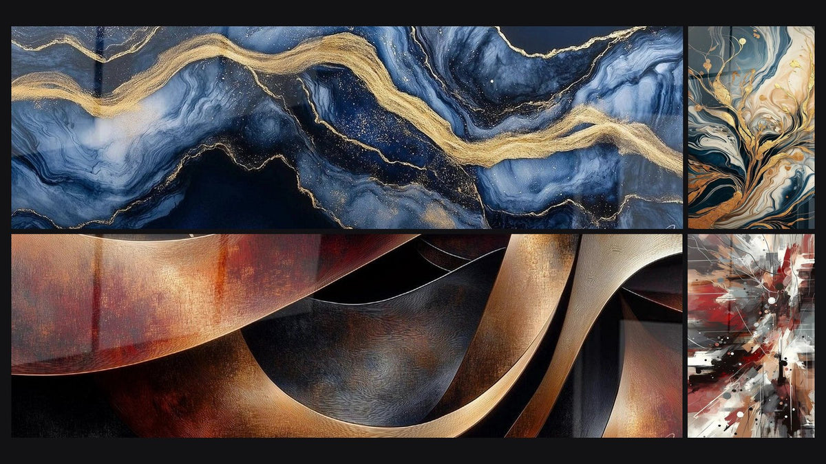 Mosaico di quattro quadri, tra cui Marmo Liquido Eternità Blu, Sinuosità Meditazione Ocra e Rumore Dinamico Esplosivo