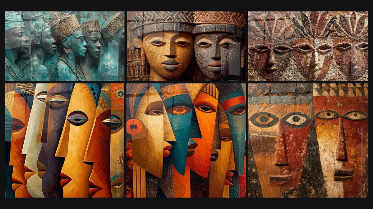 Mosaico de seis cuadros, entre ellos Esculturas Africanas, Máscaras Africanas Cubistas y Máscaras Africanas Abstractas