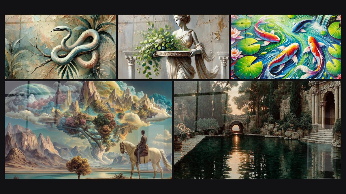 Mosaic of five paintings, including Snake's Garden, Vegetable Offering and Water Garden