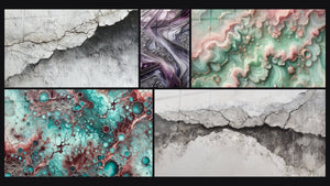 Mosaic of five paintings, including Textured Wall Art Cracked White and Grey, Quartz Blades and Garnet Essence