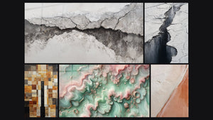 Mosaico de cinco cuadros, entre ellos Grieta Glaciar Gris y Negro y Bruma Esmeralda