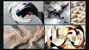 Mosaico de cinco cuadros, entre ellos Abstracto dinámico, Minimalismo Esculpido y Flujos de Seda
