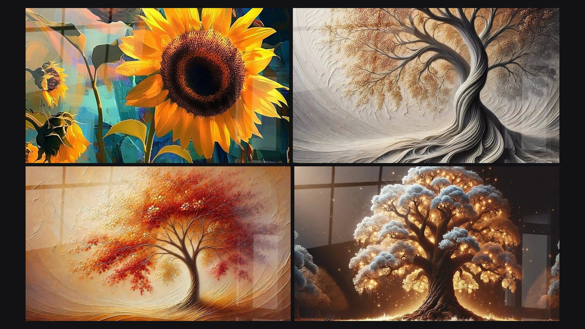 Mosaik aus vier Gemälden, darunter Sonnenblumen-Bild Nr. 1, Atem der Erde und Tanz der Jahreszeiten