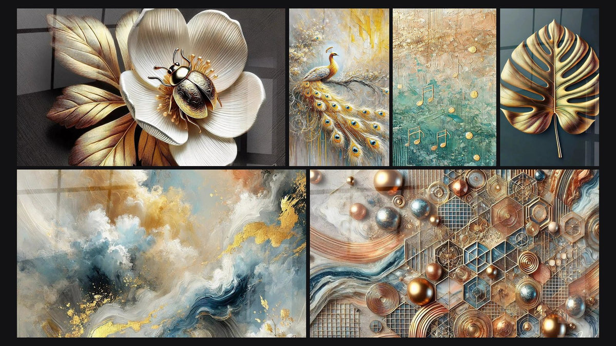 Mosaik aus sechs Gemälden, darunter Kleine Schätze, Goldene Flügel und Himmlische Wolken