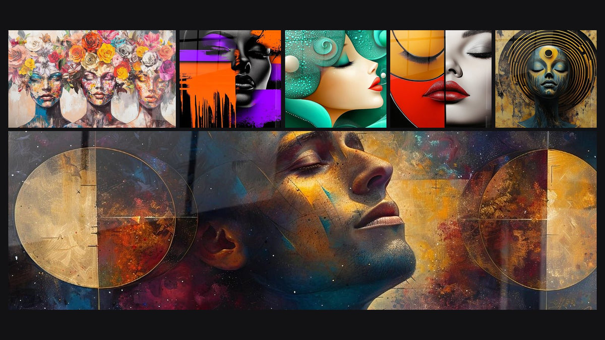 Mosaic of six paintings, including The Blooming Muses, Colorful Modern Woman and Cosmic Female Face