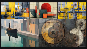 Mosaic of five paintings, including Abstract industrial, Industrial Port and Geometric Sun Industrial