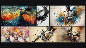 Mosaic of six paintings, including Dance Fire Liberation Red, The Blooming Muses and The Break in Time