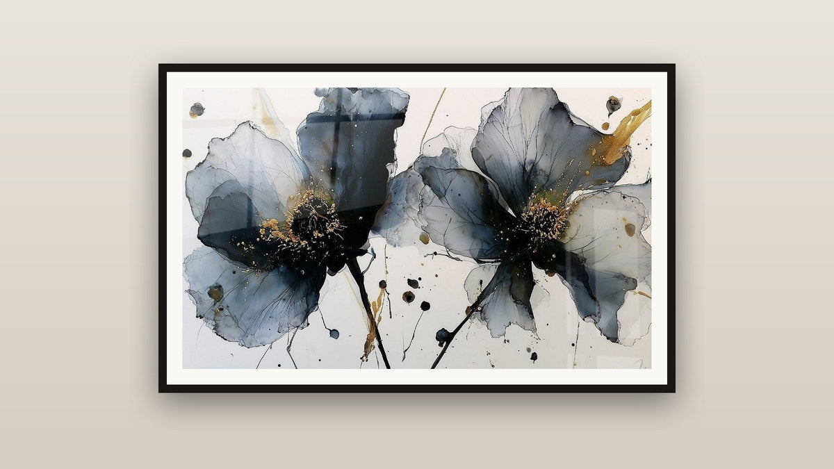 Framed painting on a wall: Watercolor Flowers Grey and Gold