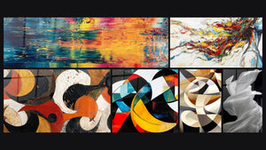 Mosaic of six paintings, including Abstract colored reflections, Abstract Circular Shapes and Colorful Circular Shapes