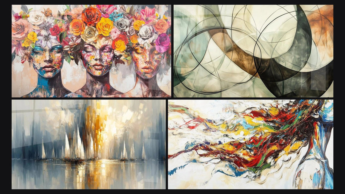 Mosaic of four paintings, including The Blooming Muses, Dawn Over the Bay and Modern Muse