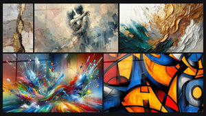 Mosaic of five paintings, including Golden Veins and Gray Beige Textures, Between Us and Trace Artwork in Gold and Jade