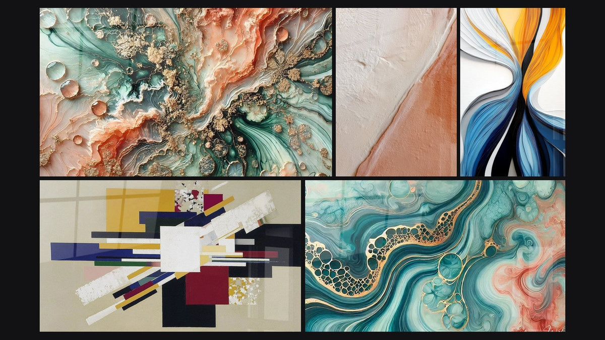 Mosaik aus fünf Gemälden, darunter Korallentraum und Geometrische Komposition Kreative Spannung
