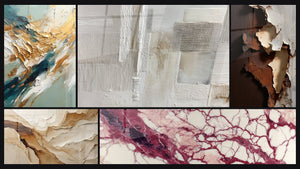 Mosaic of five paintings, including Golden Flux and Reflux and Abstract Beige and Earth
