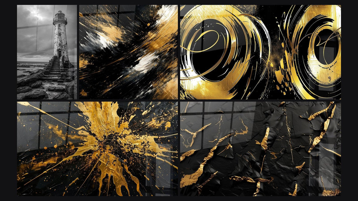 Mosaico di cinque quadri, tra cui Faro antico di e Spirali dorate e nere su fondo espressivo